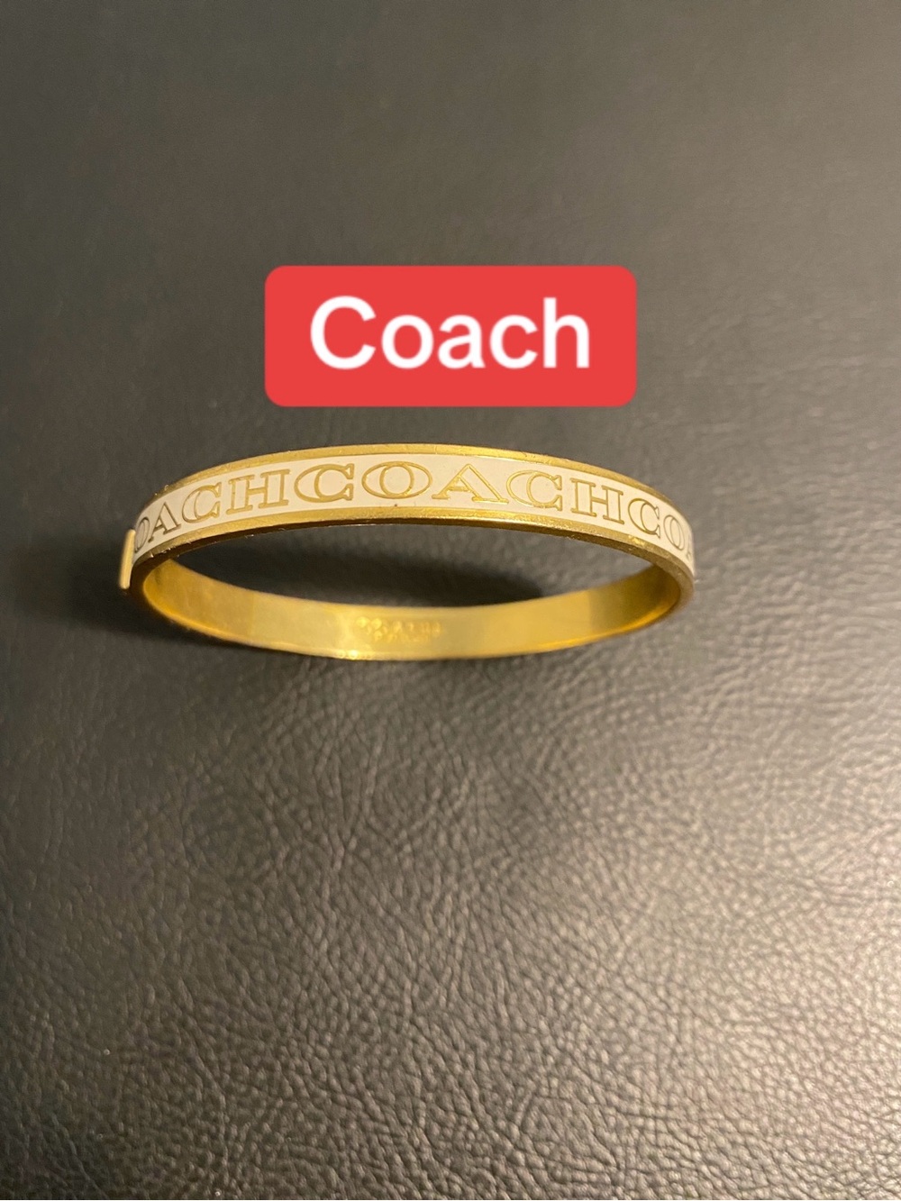 Vintage Coach Gold-Tone Bangle with Cream Enamel Signature Logo